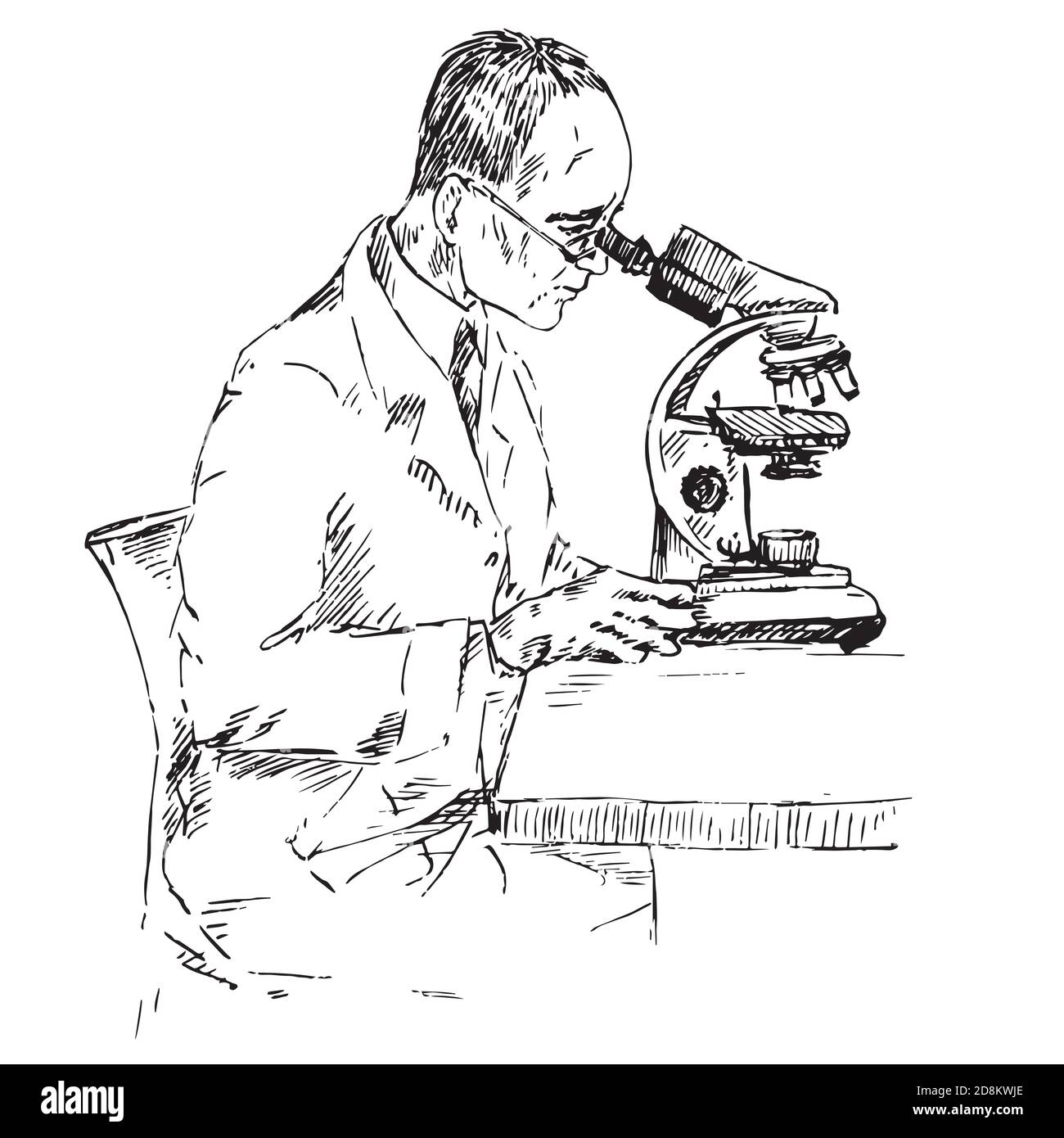 Un scientifique masculin étudie quelque chose sous un microscope, un regard à la main, un croquis, une illustration en noir et blanc Banque D'Images