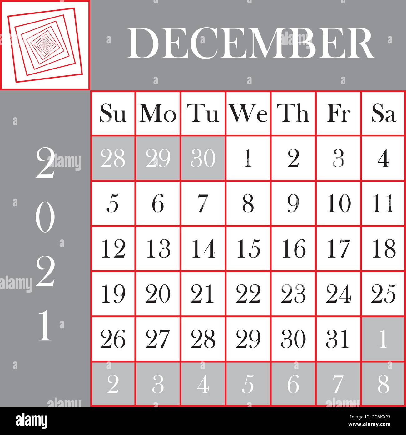 Carré format 2021 Calendrier décembre gris blanc coupe design Illustration de Vecteur