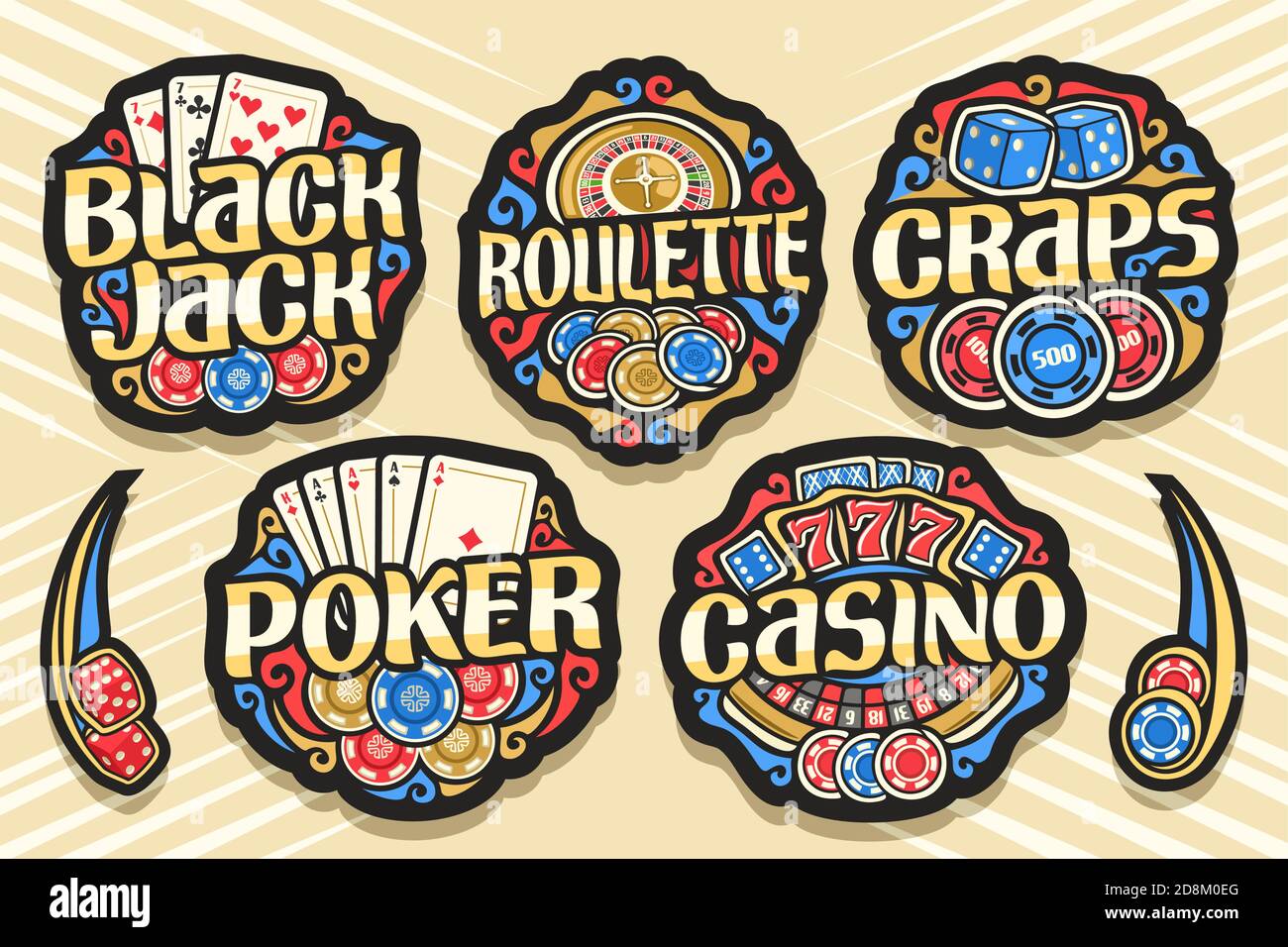 Ensemble vectoriel de logos de jeu, 7 badges isolés avec illustration des symboles de jeu, collection de tableaux d'affichage décoratifs avec des motifs rétro fleurissent Illustration de Vecteur