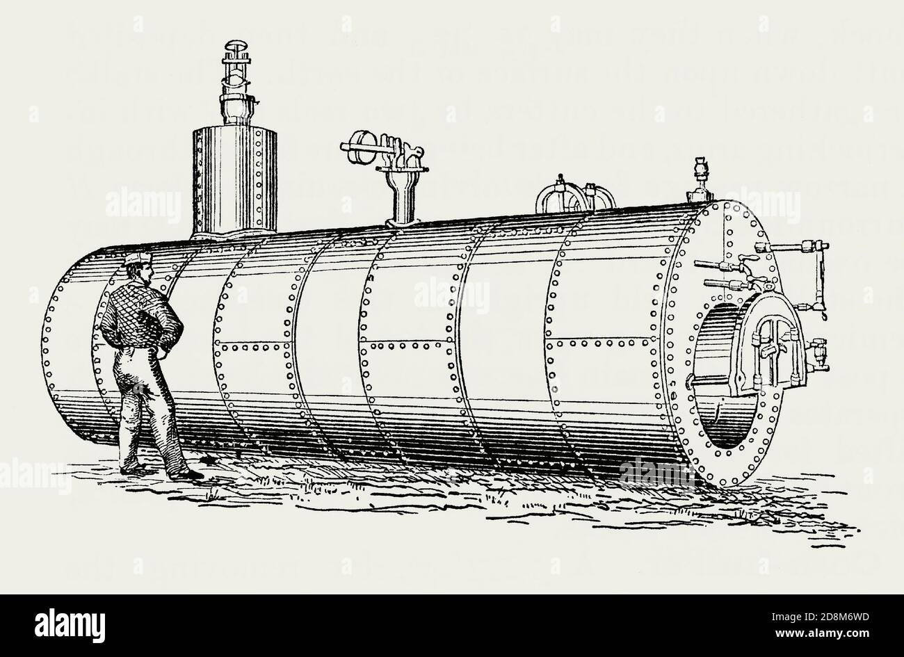 Une ancienne gravure d'une chaudière John Smeaton Cornish utilisée dans l'exploitation minière dans les années 1800. Il est issu d'un livre victorien d'ingénierie mécanique des années 1880. La forme la plus simple de chaudière à vapeur était la chaudière Cornouailles haute pression de Richard Trevithick. Il s'agit d'un long cylindre horizontal avec un seul grand conduit de combustion contenant le feu. Les chaudières Cornish avaient des surfaces incurvées, mieux pour résister à la pression et moins de risque de surchauffe locale. John Smeaton (1724-1792) était un ingénieur civil anglais. Il a également amélioré le moteur atmosphérique de Thomas Newcomen, en érection d'un à la mine de Chacewater, wheal Busy, Cornwall, Angleterre, Banque D'Images