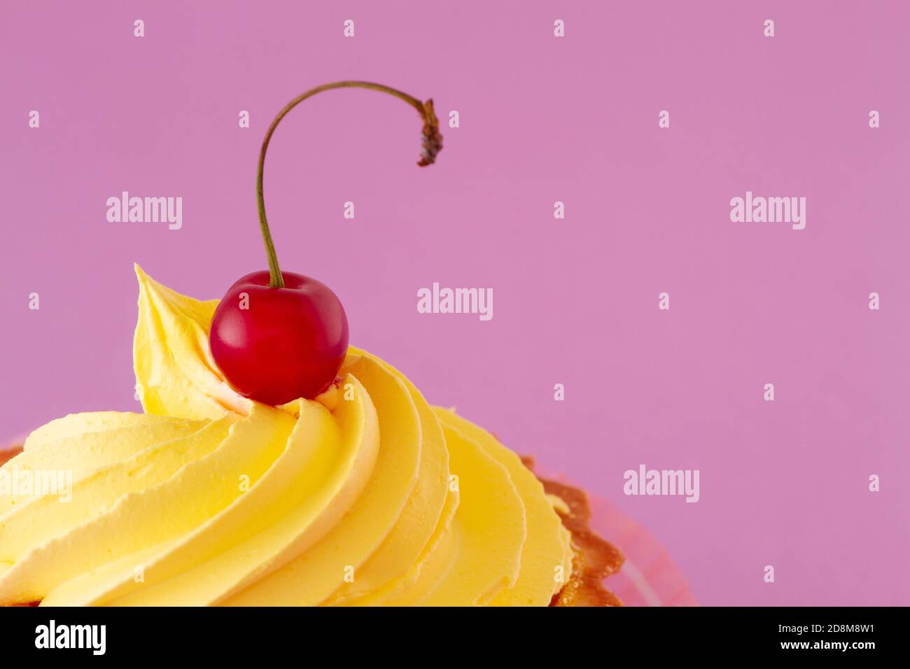Un brillant cerise mûre berry sur le sommet d'un délicieux gâteau sur un fond violet pastel. La macrophotographie. Banque D'Images