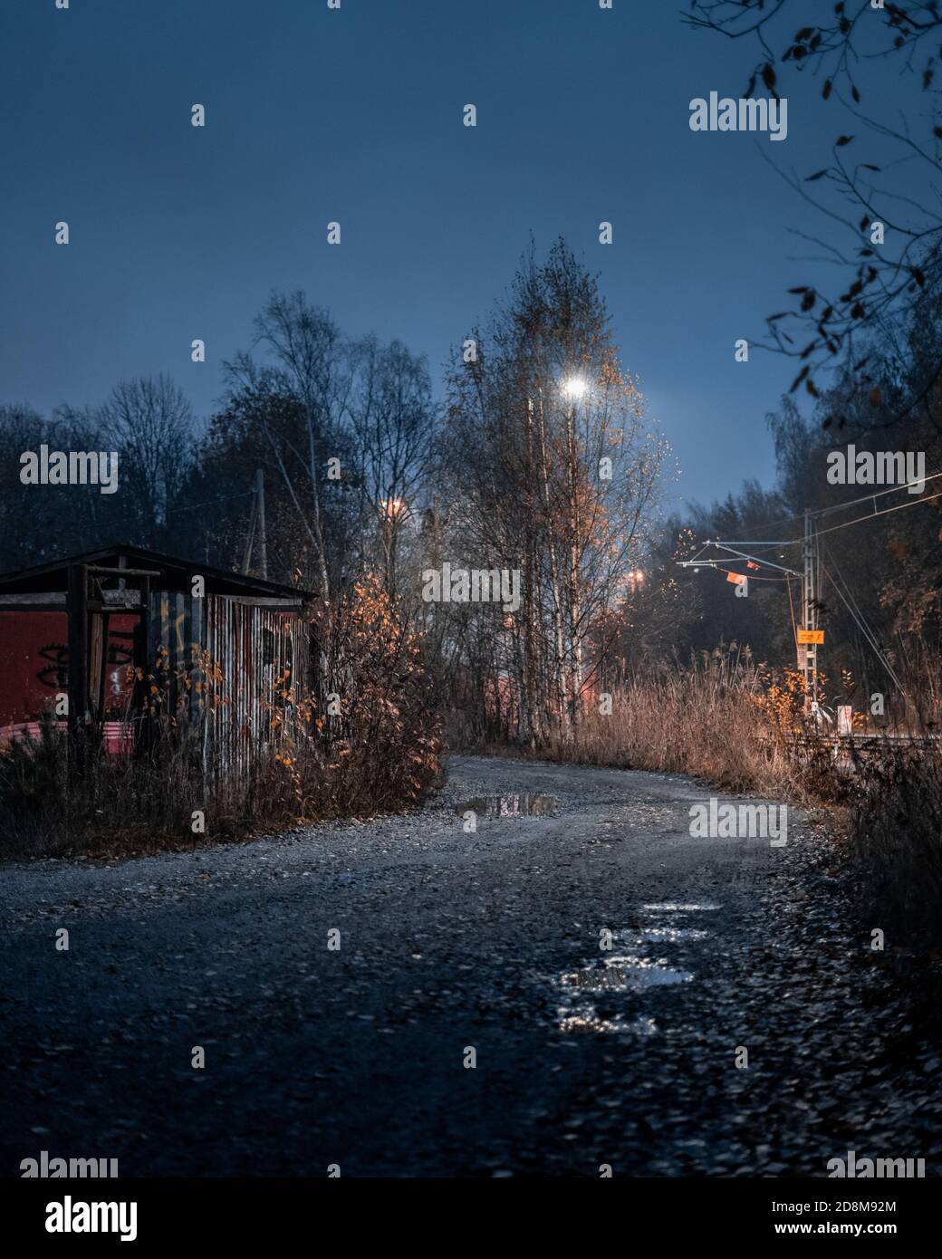 Scène de nuit d'automne d'une route de terre et de flaques Banque D'Images