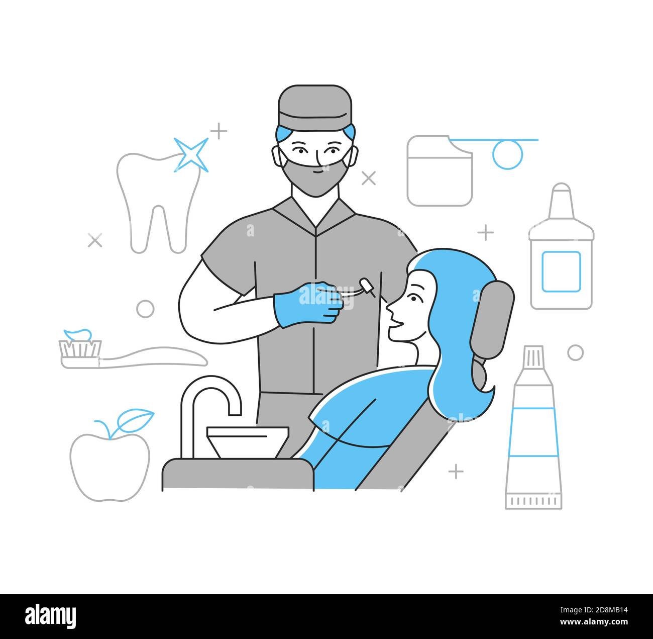 Un dentiste traite les dents d'une femme. Le concept des soins dentaires. Illustration de vecteur linéaire Illustration de Vecteur