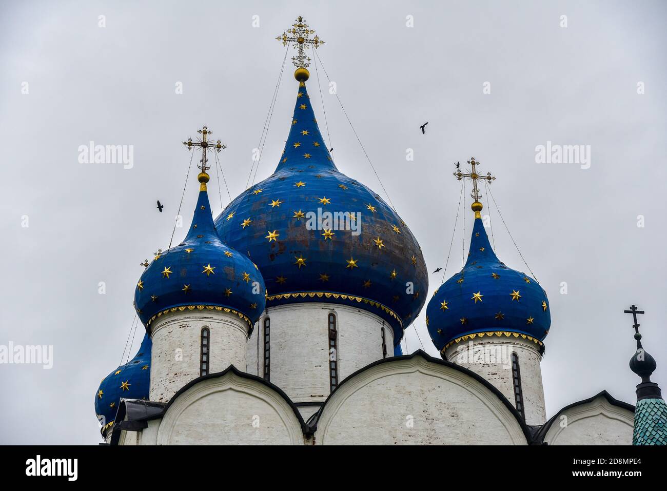 La cathédrale de la Nativité de la Vierge Marie bénie et les chambres de l'évêque du Kremlin de Suzdal. Suzdal, région de Vladimir, Russie. Dômes bleus Banque D'Images