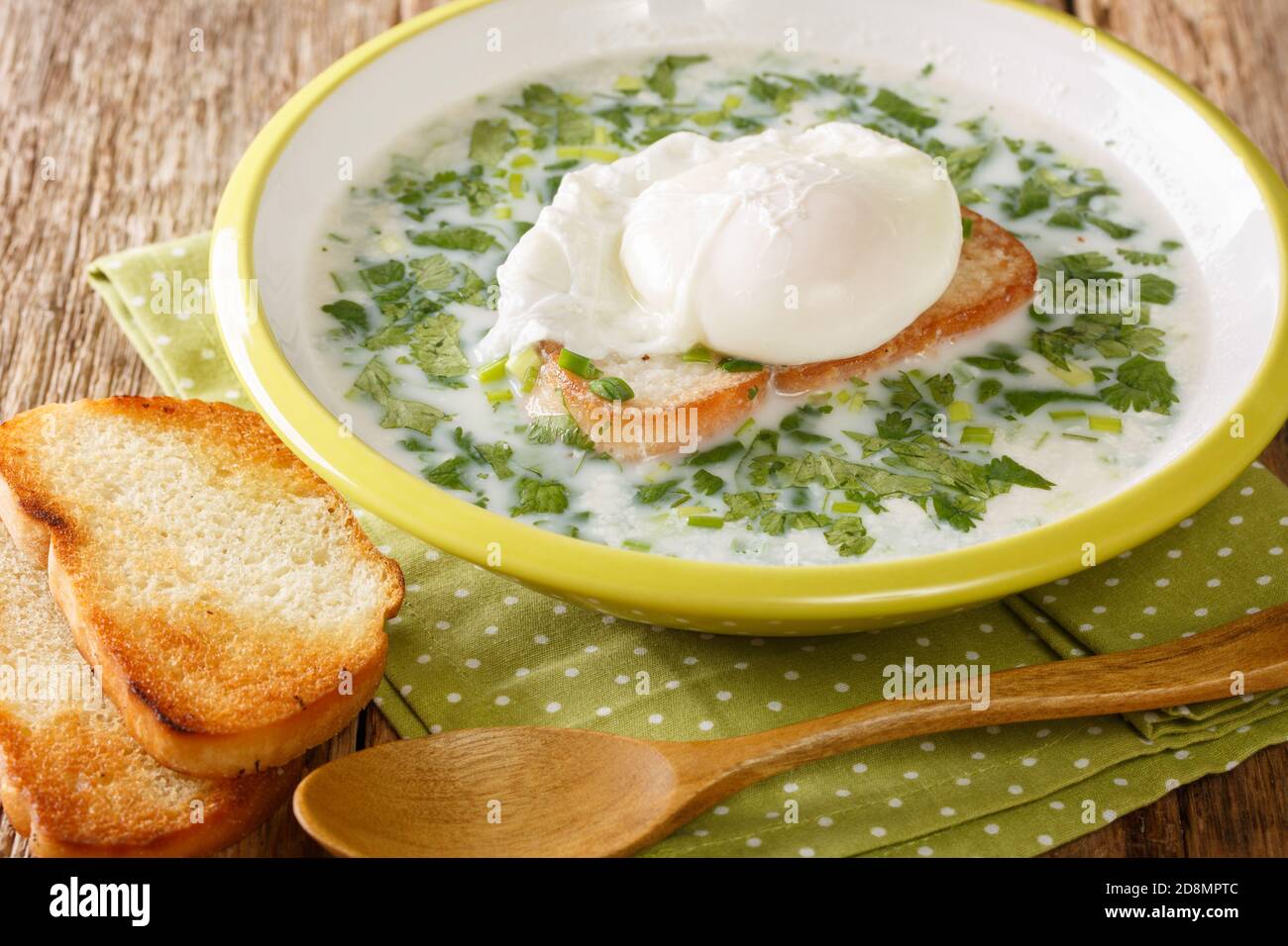 Changua est tout simplement une soupe d'oeufs et de lait, mais il est chaud, copieux et absolument délicieux gros plan dans l'assiette sur la table. Horizontale Banque D'Images