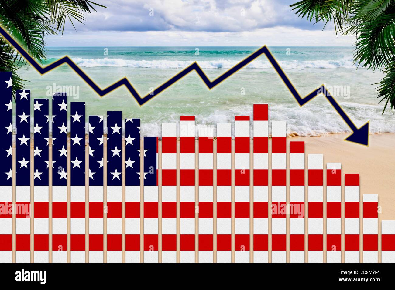 COVID-19 pandémie de coronavirus impact sur le concept de l'industrie touristique américaine montrant le fond de la plage avec le drapeau américain sur les graphiques à barres tendance à la baisse. Banque D'Images