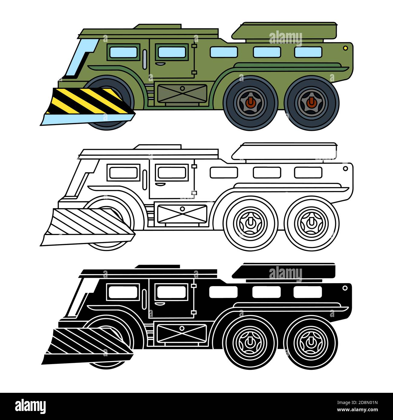 Véhicule de combat d'infanterie, véhicule tout-terrain, icônes linéaires, de couleur et de silhouette. Illustration de Vecteur