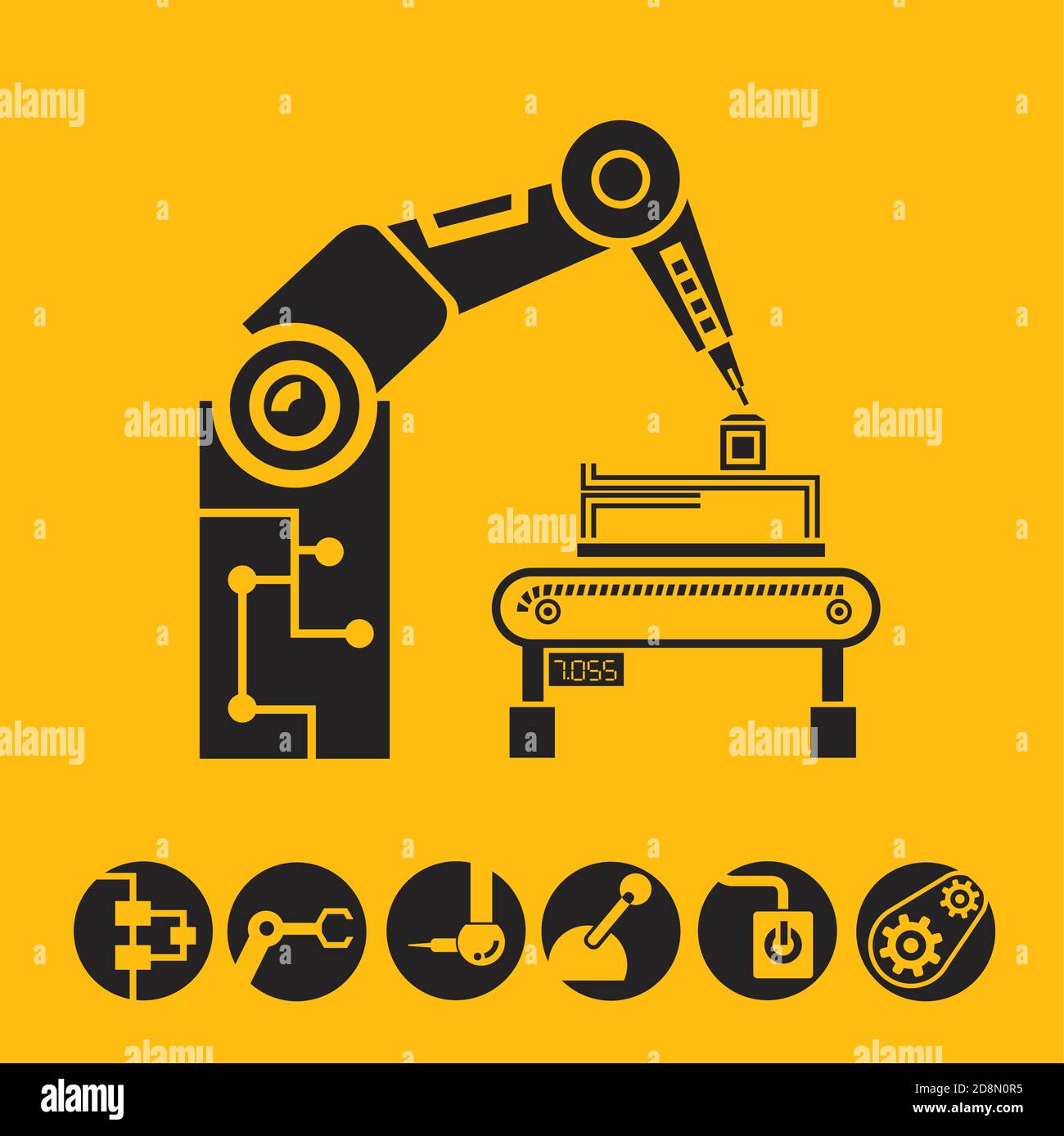 symbole d'automatisation, bras robotisé en ligne de production Illustration de Vecteur