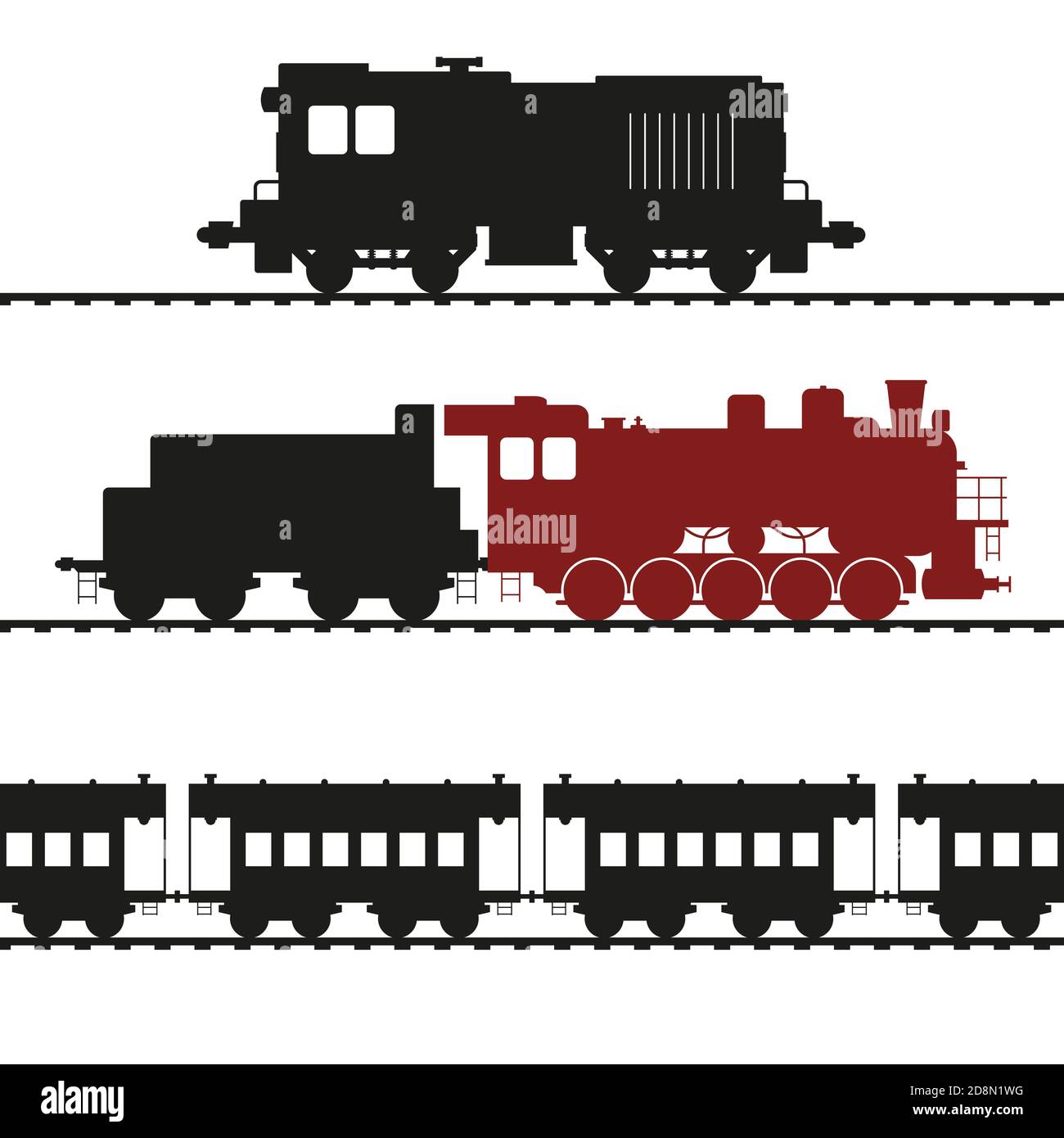 Vieilles locomotives, locomotive de manœuvre et locomotive à vapeur avec tendre. Illustrations de wagons vintage. Banque D'Images