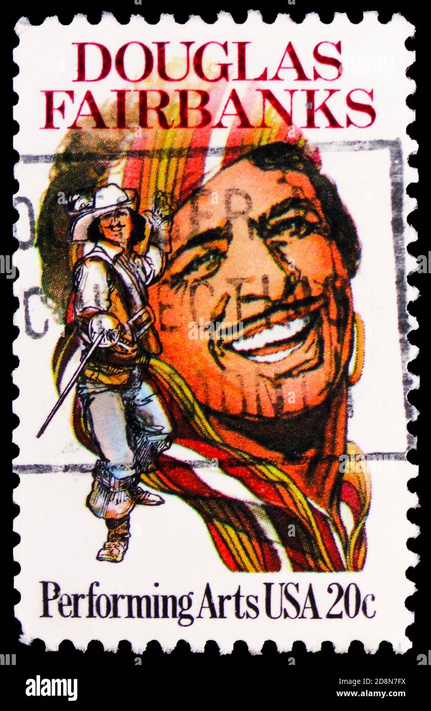 MOSCOU, RUSSIE - 8 OCTOBRE 2020 : le timbre-poste imprimé aux États-Unis montre Douglas Fairbanks, série des arts de la scène, vers 1984 Banque D'Images