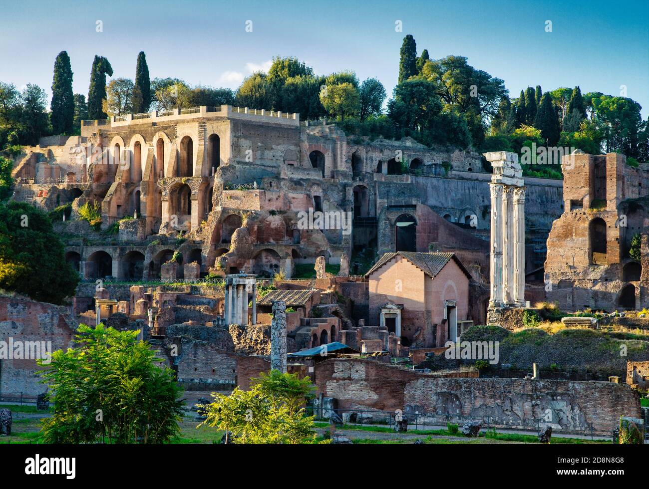 En regardant à travers le Forum la collection des ruines antiques à Rome, Italie. Banque D'Images