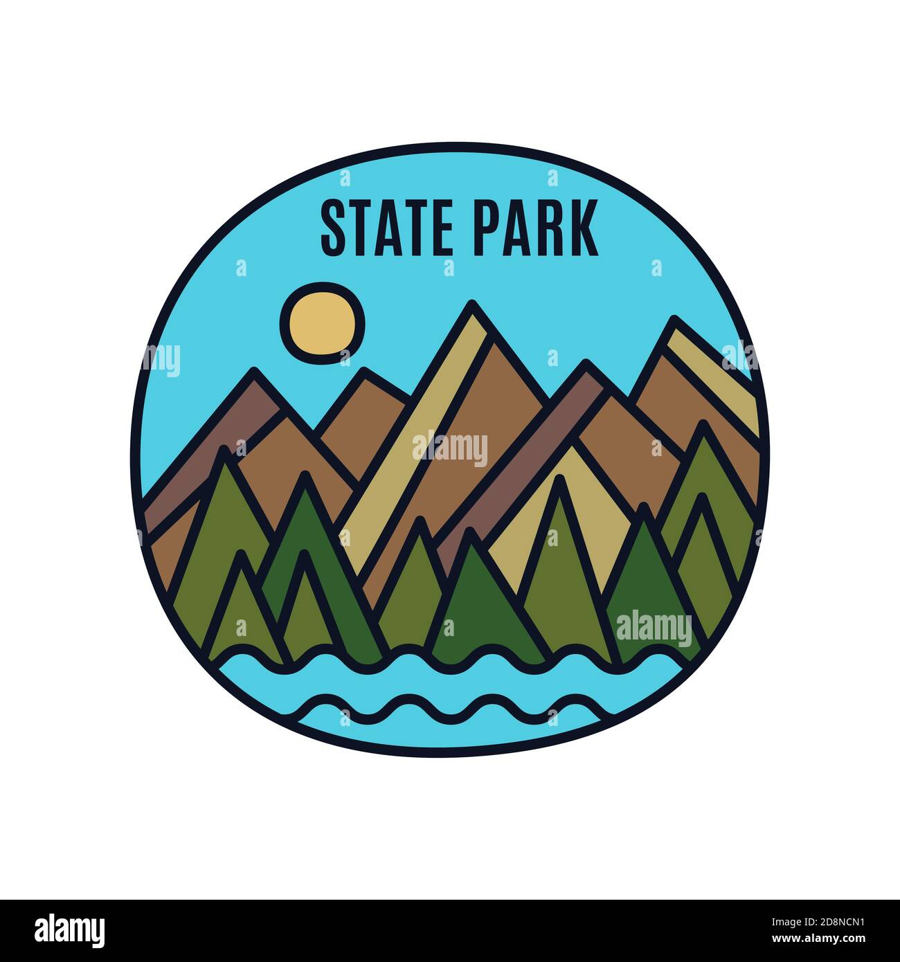 Logo de parc d'état vintage, emblème d'aventure avec montagnes, forêt et rivière. Autocollant style rétro style art ligne inhabituel. Art vectoriel Illustration de Vecteur