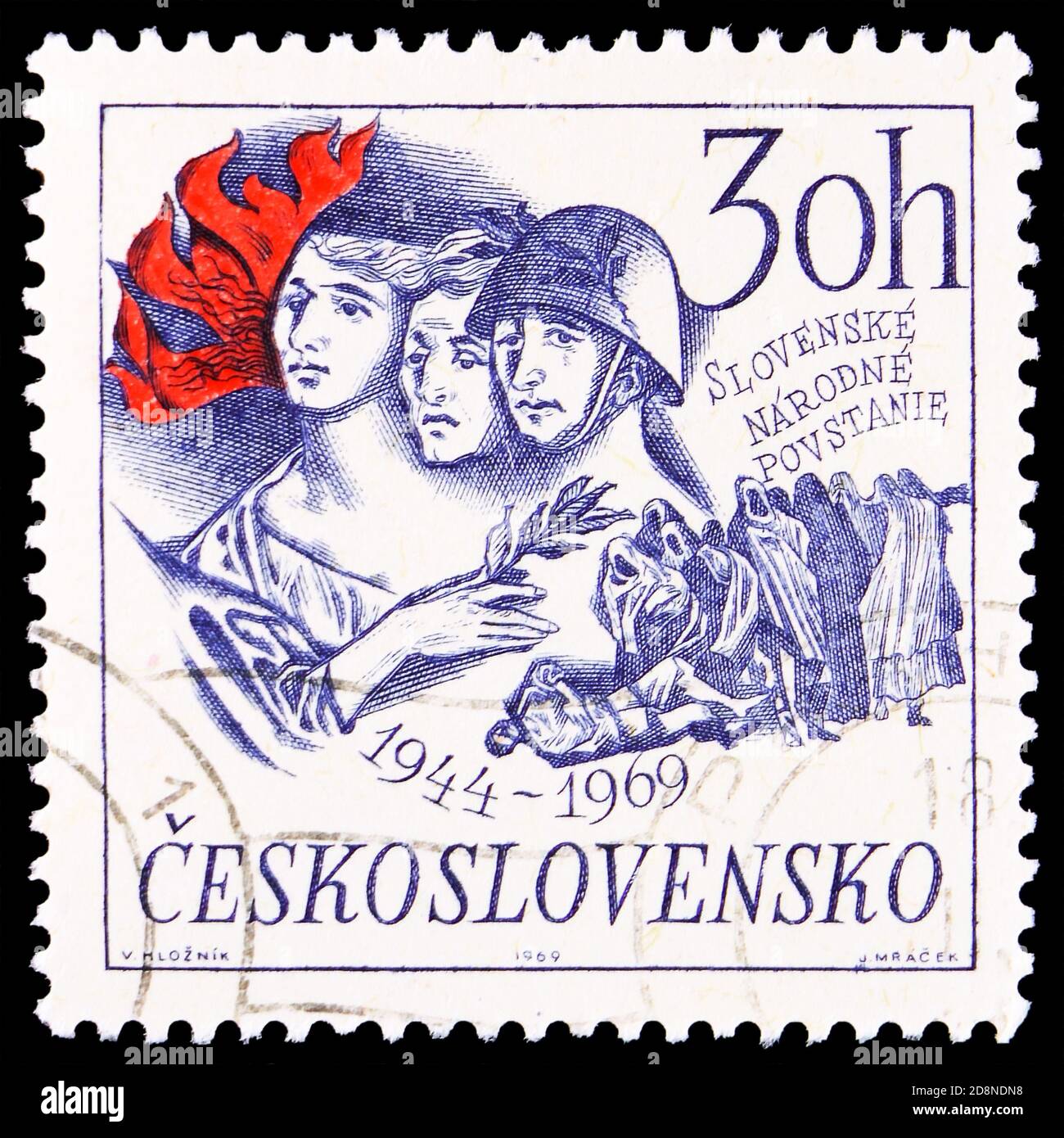 MOSCOU, RUSSIE - le 8 OCTOBRE 2020 : le timbre-poste imprimé en Tchécoslovaquie montre le 25e anniversaire du soulèvement national slovaque, série, vers 1969 Banque D'Images