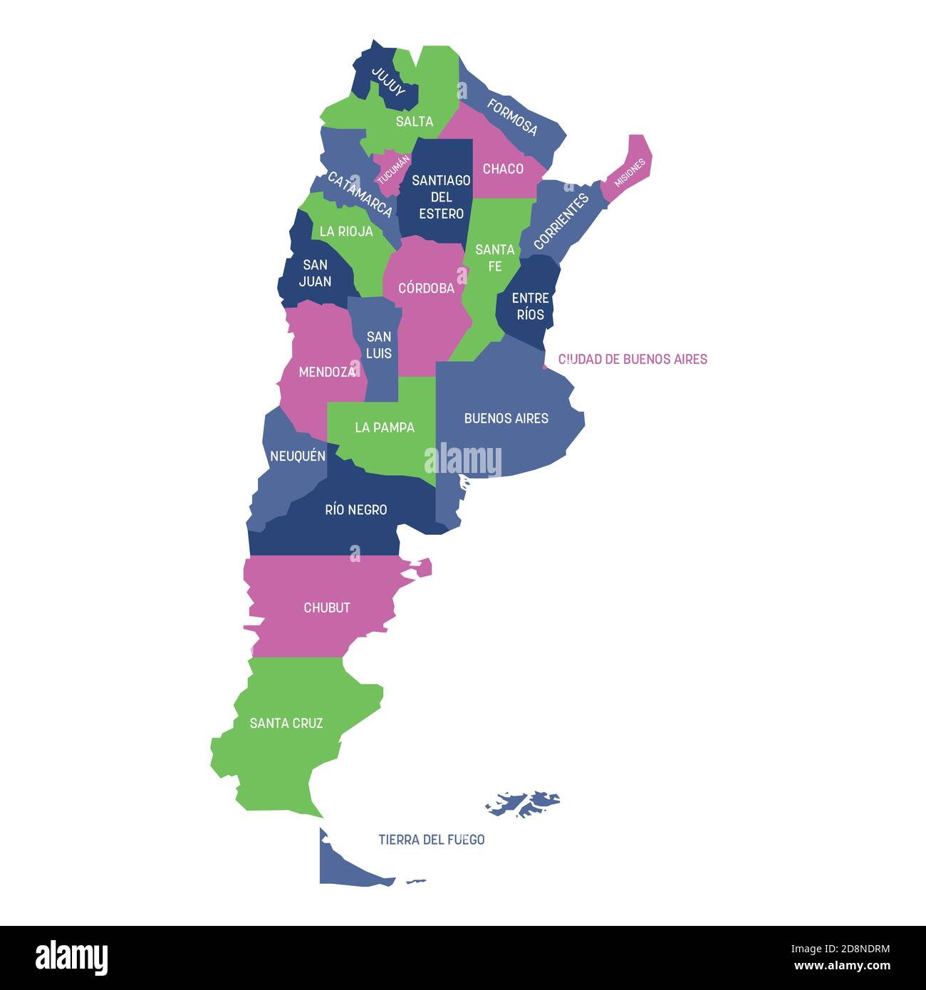Carte politique colorée de l'Argentine. Divisions administratives - provinces. Carte vectorielle plate simple avec étiquettes. Illustration de Vecteur