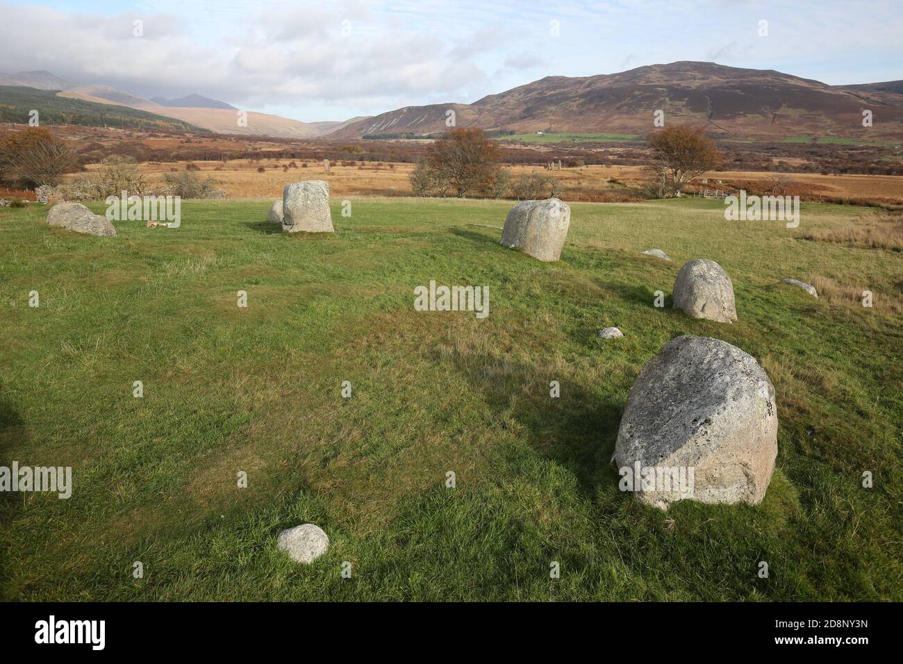 Isle of Arran, Ayrshire, Écosse, Royaume-Uni, Machrie Moor Stone Circle et pierres sur pied de 3500 à 1500 av. J.-C.Monuments à calendrier Banque D'Images