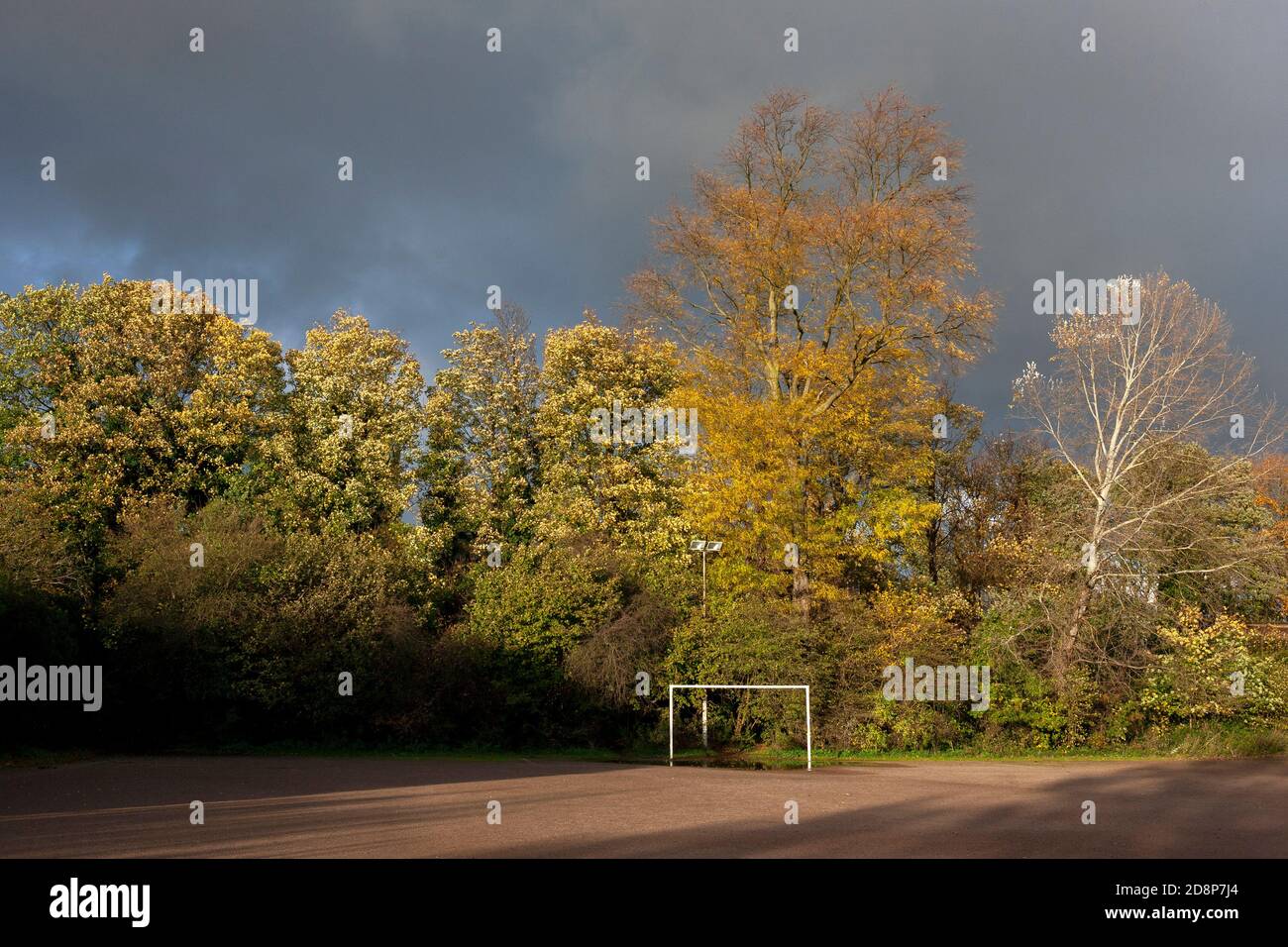 Un ciel sombre offre un fond à un terrain de football ensoleillé par tous les temps et à des arbres automnaux. Tooting Common, Londres, Royaume-Uni Banque D'Images