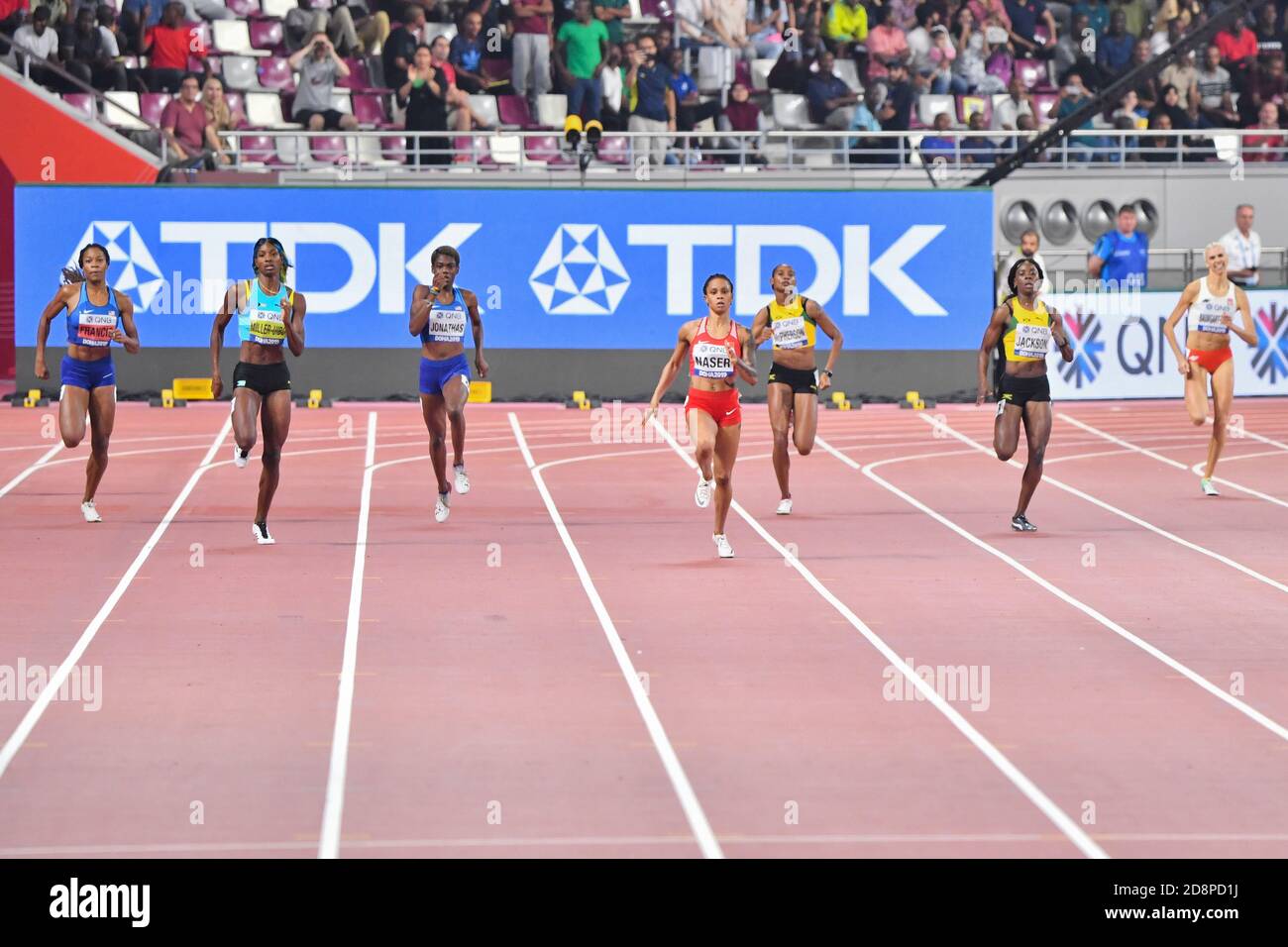 Salwa Eid Naser (or), Shaunae Miller-Uibo (argent), Shericka Jackson (bronze). 400 mètres femmes. Championnats du monde d'athlétisme de l'IAAF, Doha 2019 Banque D'Images