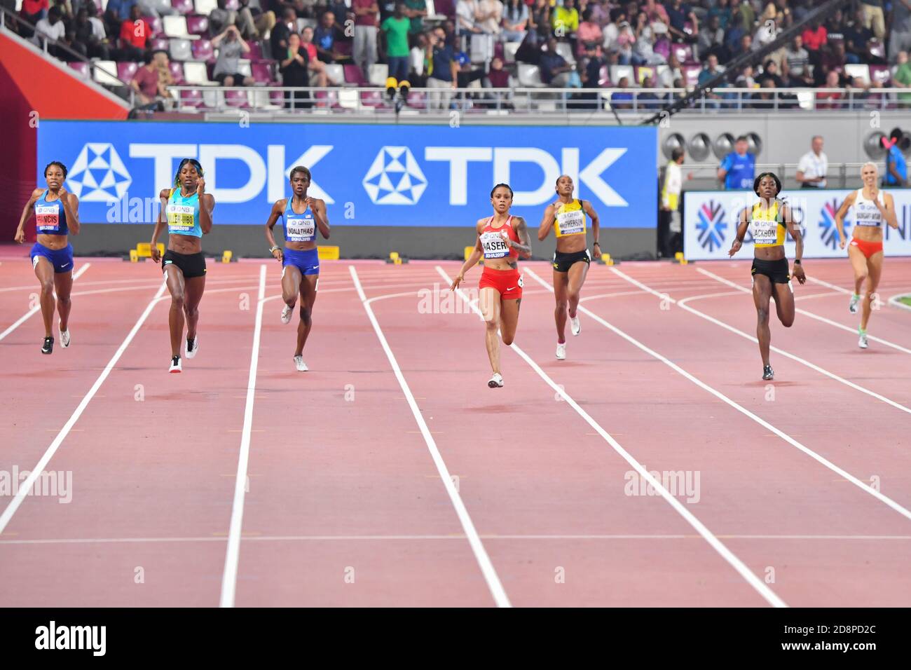 Salwa Eid Naser (or), Shaunae Miller-Uibo (argent), Shericka Jackson (bronze). 400 mètres femmes. Championnats du monde d'athlétisme de l'IAAF, Doha 2019 Banque D'Images