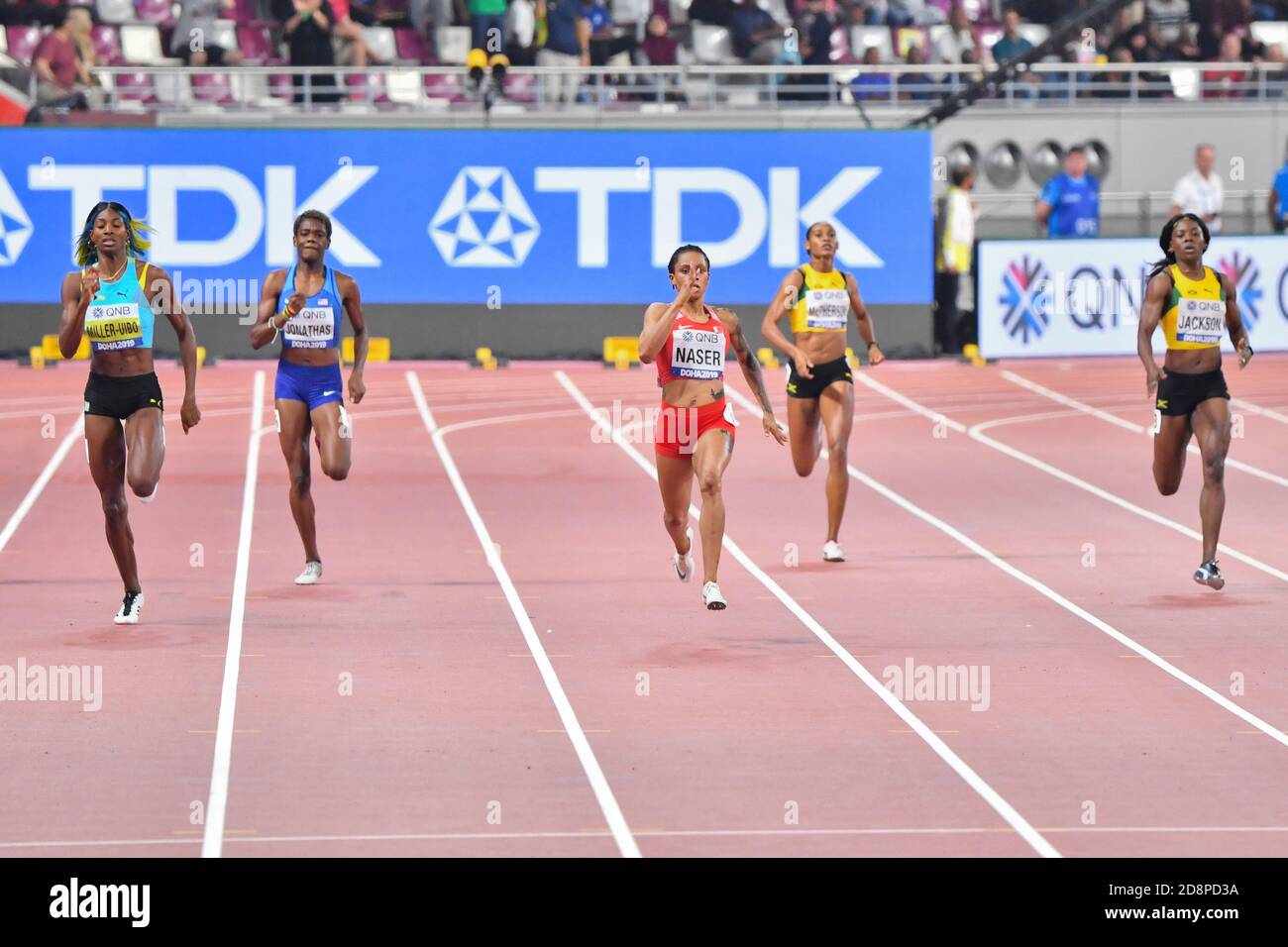 Salwa Eid Naser (or), Shaunae Miller-Uibo (argent), Shericka Jackson (bronze). 400 mètres femmes. Championnats du monde d'athlétisme de l'IAAF, Doha 2019 Banque D'Images