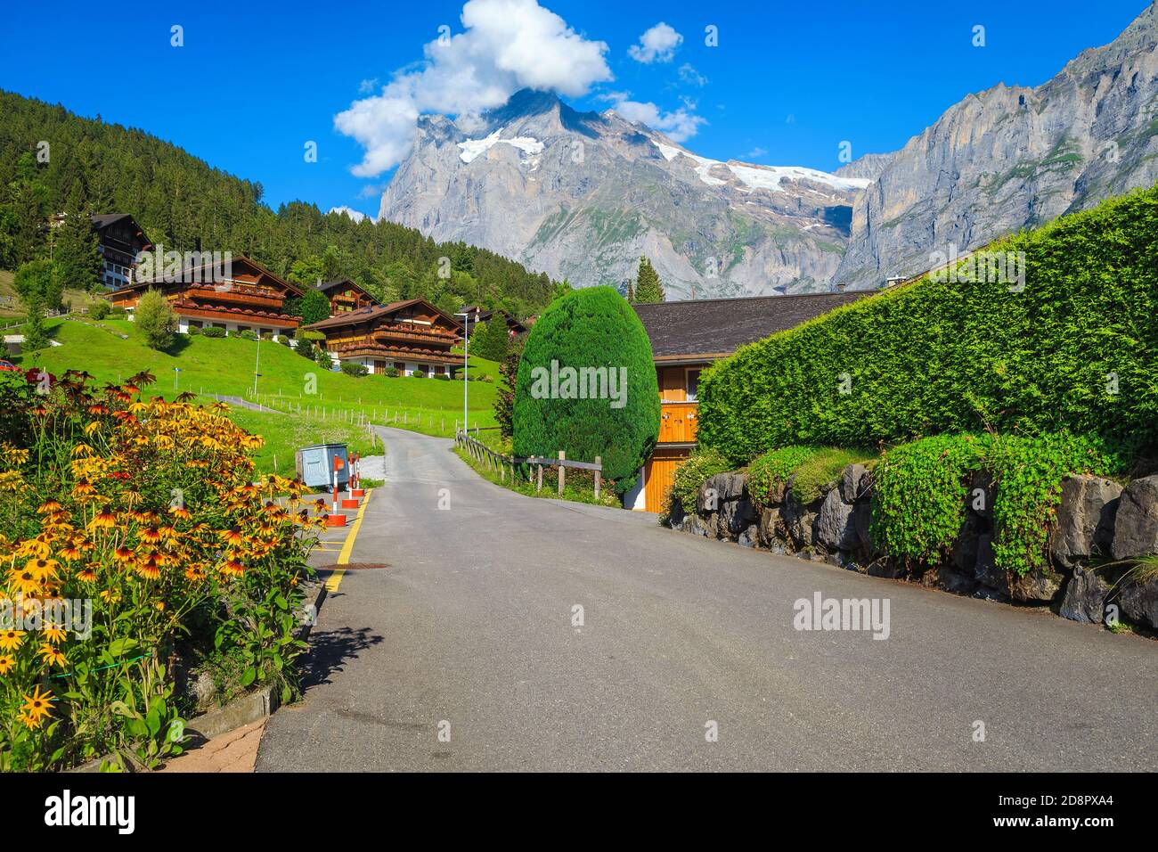 Maisons en bois avec des jardins étonnants et des vues à couper le souffle, Grindelwald, Oberland bernois, Suisse, Europe Banque D'Images