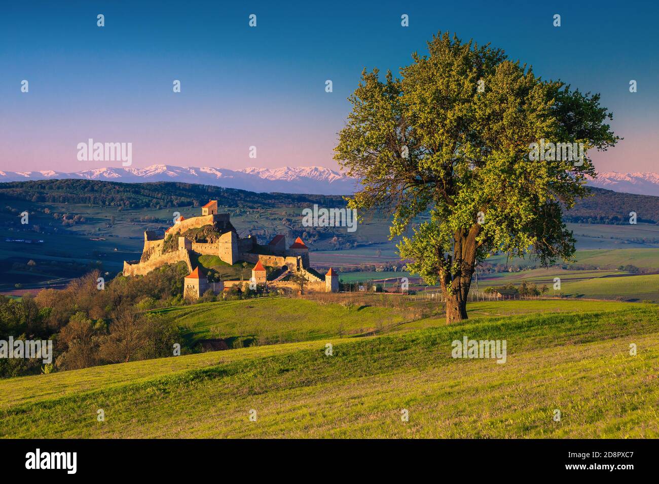 Magnifique paysage matinal avec forteresse Rupea et montagnes enneigées en arrière-plan. Grand lieu touristique et d'excursion, Transylvanie, Roumanie, Europe Banque D'Images