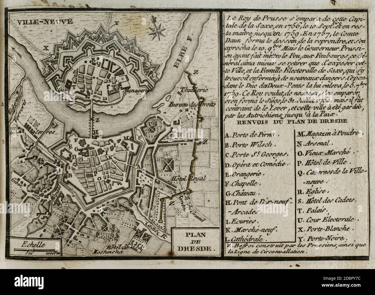 Guerra de los Siete Años. Sitio de Dresde (31 de julio de 1760). Tropas prusianas lideradas por Federico el Grande asediaron sin éxito la ciudad de Dresde, capital del Electorado de Sajonia. Plano de Dresde. Grabado publicado en 1765 por el cartógrafo Jean de Beaurain (1696-1771) como ilustración de su gran mapa de Alemania, con los eventos que tuvieron lugar durante la Guerra de los Siete Años. Guerra de 1755 a 1763. Edición Francesa, 1765. Bibioteca Histórico Militar de Barcelone. Catalogne, Espagne. Banque D'Images