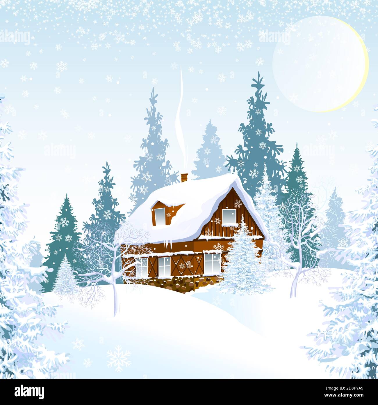 Hiver. Maison dans une forêt enneigée. Nuit d'hiver. Neige, flocons de neige. Illustration de Vecteur