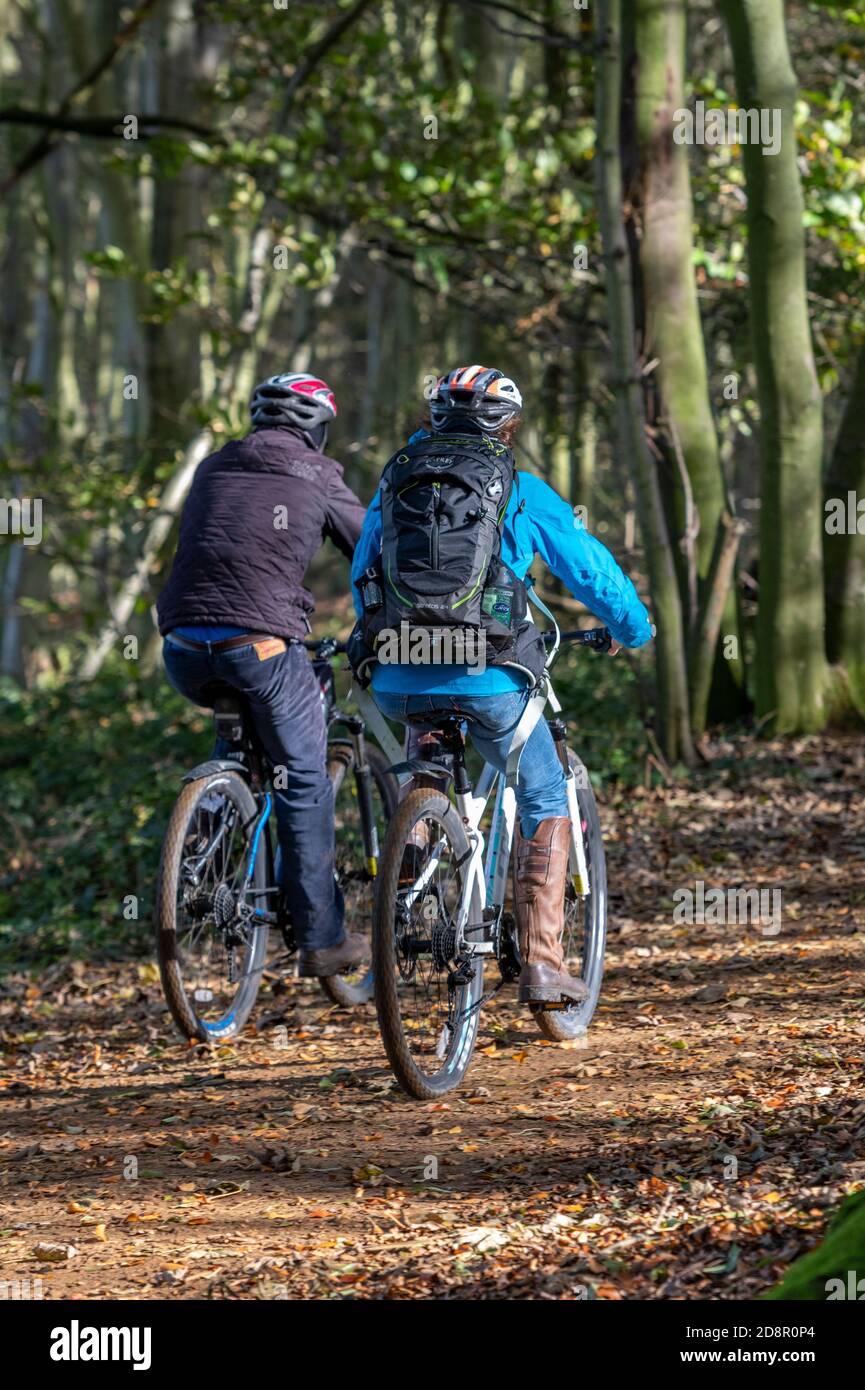 Un homme et une femme à vélo le long d'un sentier ou d'une piste à travers les bois de la forêt à blickling Hall dans Norfolk. Banque D'Images