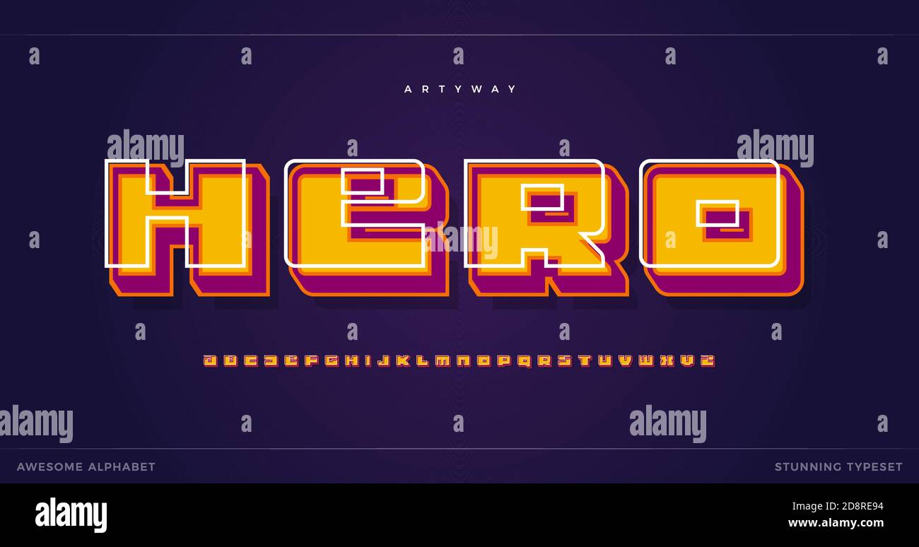 Alphabet superhéros. Police de style ancien de dessin animé 3D, type d'ombre coloré pour un style moderne pour le logo super héros, le titre et le lettrage créatif. Géométrique gras Illustration de Vecteur
