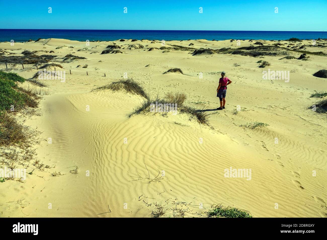 Une figure femelle solitaire dans les dunes de sable derrière les célèbres plages de sable à la Mata, Torrevieja, Costa Blanca, Espagne, hiver, soleil d'hiver, destination Banque D'Images