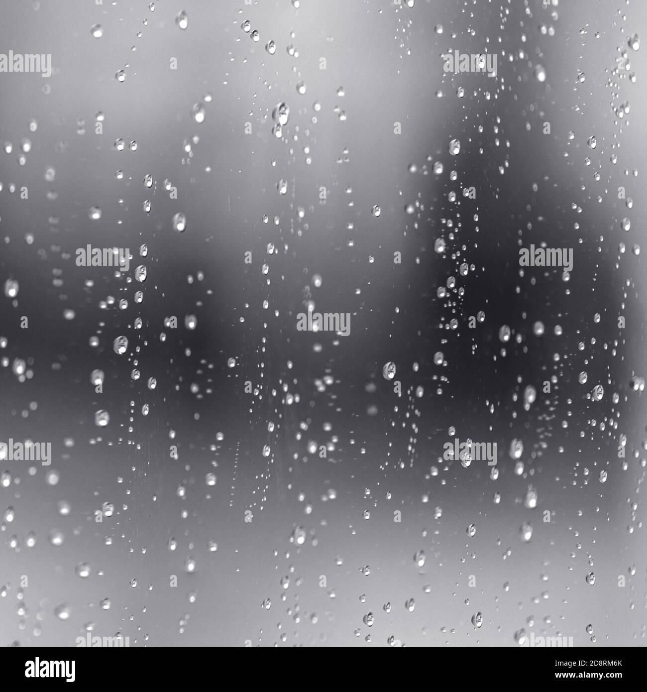 Gouttes d'eau de pluie sur une vitre noire spectaculaire. Arrière-plan de dépression de bokeh d'automne. Motif pluie Banque D'Images