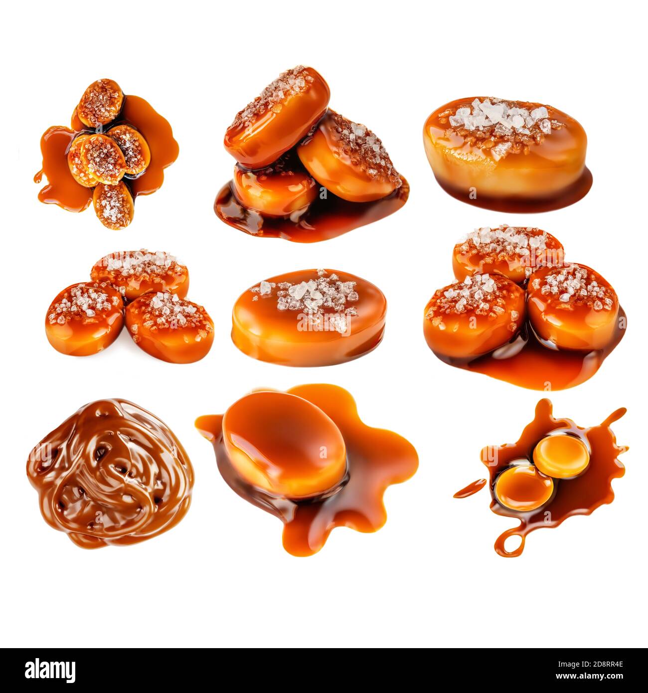 Collection de bonbons caramel Toffee isolée. Morceaux de caramel salé avec sauce sur fond blanc gros plan Banque D'Images