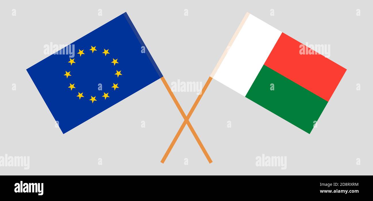Drapeaux croisés de Madagascar et de l'UE. Couleurs officielles. Proportion correcte. Illustration vectorielle Illustration de Vecteur