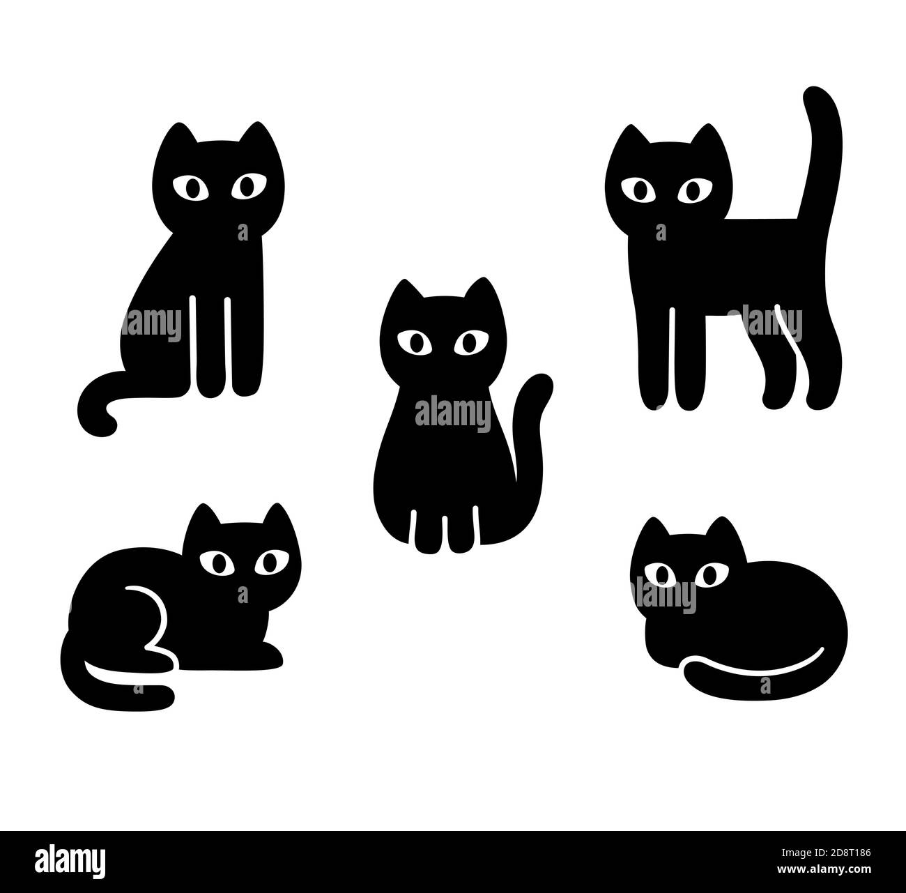 Ensemble chat noir de dessin animé. Dessin de chatte noir et blanc simple, illustration d'art de clip vectoriel isolé. Illustration de Vecteur