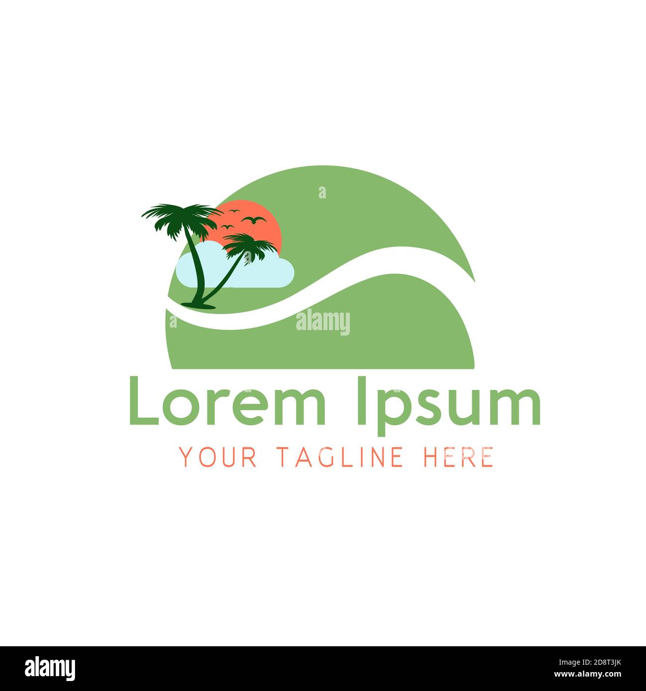 Coucher de soleil et paysage et vacances d'été île logo de plage. Illustration de Vecteur