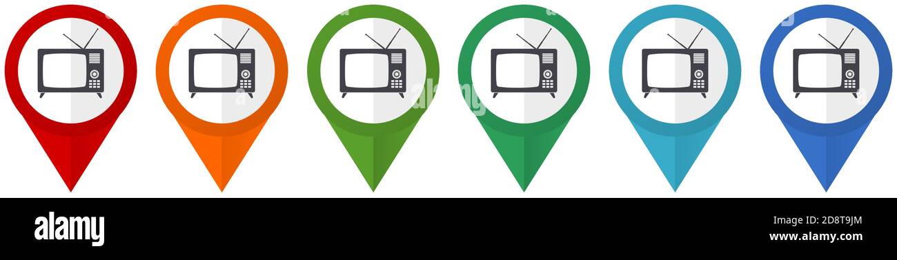 Téléviseur rétro, téléviseur et pointeurs vectoriels d'écran vidéo, ensemble d'icônes plates colorées isolées sur fond blanc Illustration de Vecteur