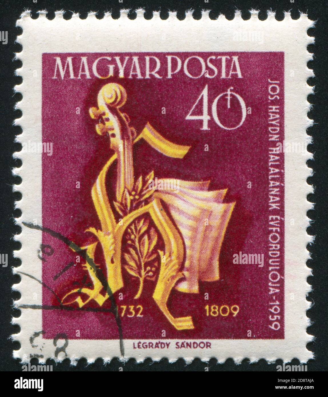 HONGRIE – VERS 1959: Timbre imprimé par la Hongrie, montre le monogramme de Haydn, vers 1959 Banque D'Images