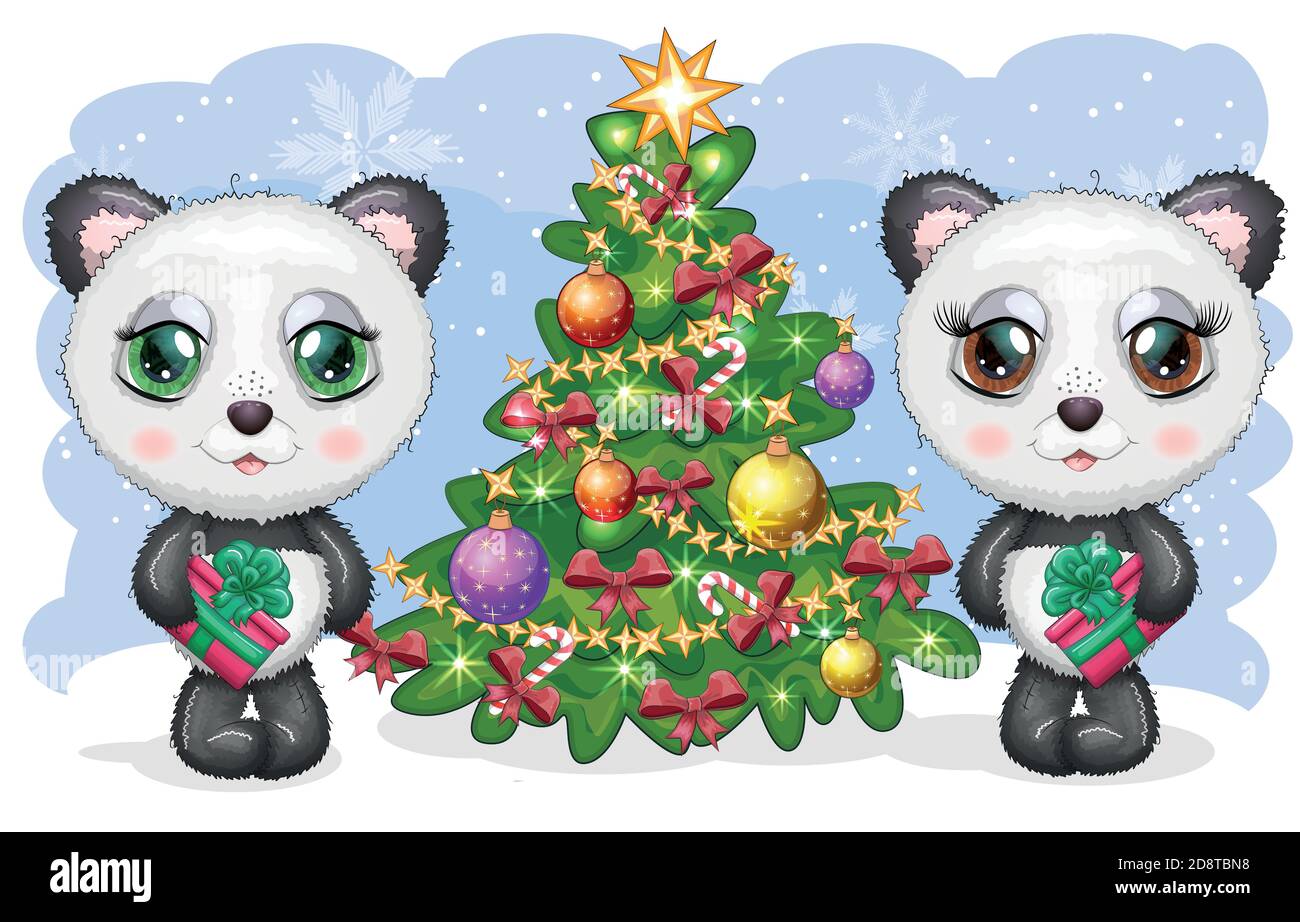 Couple mignon dessin animé panda ours avec de grands yeux avec un cadeau près de l'arbre de Noël, un garçon et une fille, carte de voeux Illustration de Vecteur