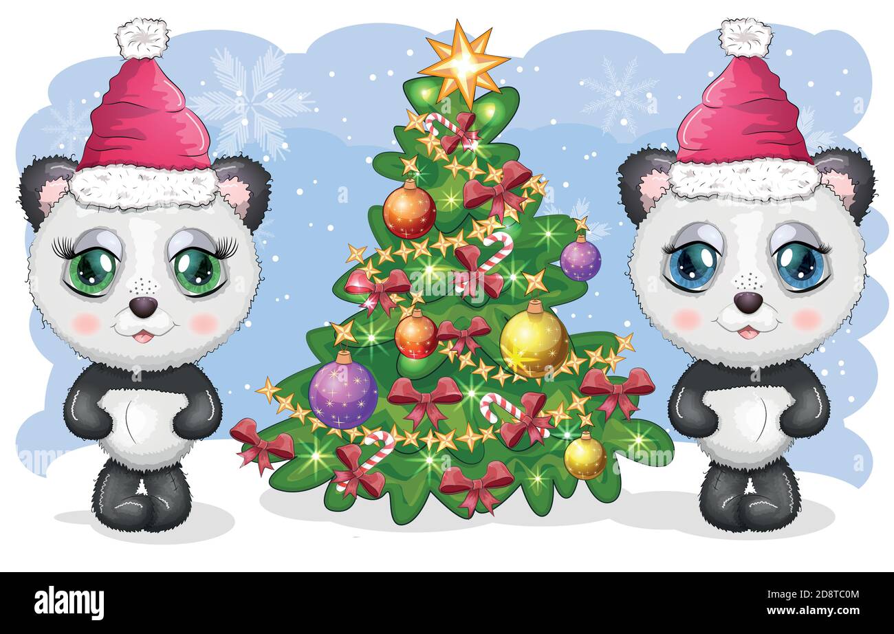 Couple mignon dessin animé panda ours avec de grands yeux dans un chapeau rouge Santa Claus près de l'arbre de Noël. Nouvelle année Illustration de Vecteur