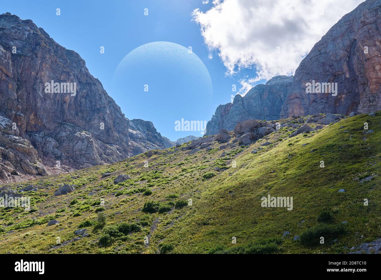 le collage dépeint un paysage fictif d'une certaine terre-comme l'exoplanète avec un immense satellite dans le ciel Banque D'Images