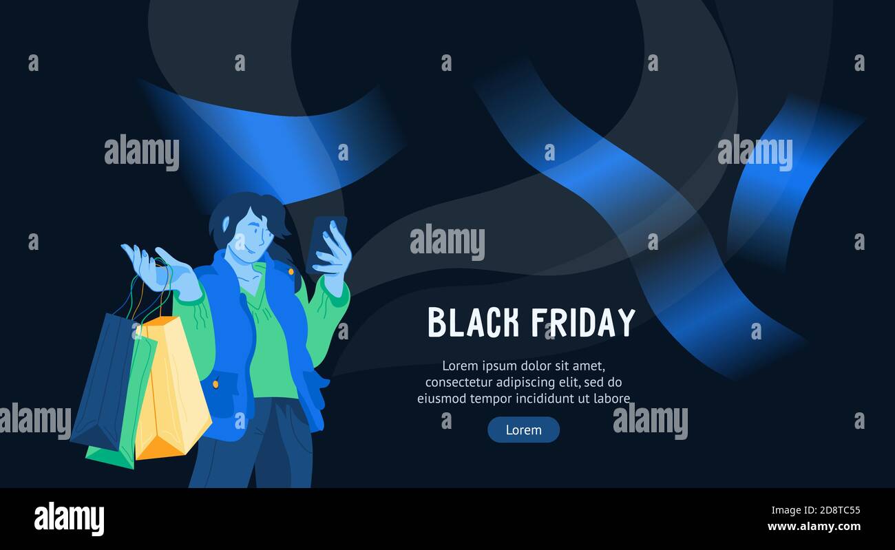 Black friday vente publicité Web bannière plat vecteur illustration sur noir. Illustration de Vecteur