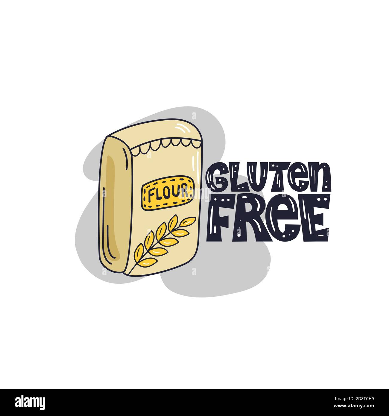 Mot sans gluten. Illustration de lettrage dessiné à la main avec emballage de farine sur fond clair. Illustration de Vecteur