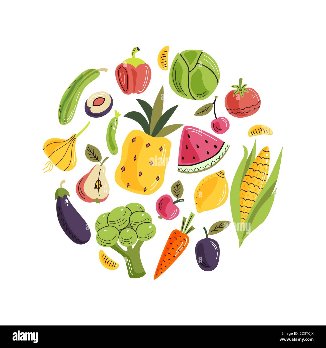 Fruits et légumes vectoriels en composition ronde. Illustration lumineuse d'aliments frais sains. Éléments de conception isolés. Illustration de Vecteur