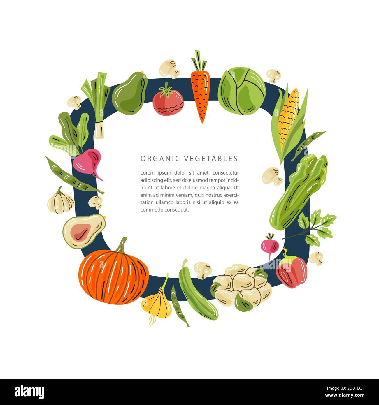 Légumes vectoriels en composition carrée avec espace pour le texte. Une illustration lumineuse d'aliments frais sains. Éléments de conception isolés. Illustration de Vecteur