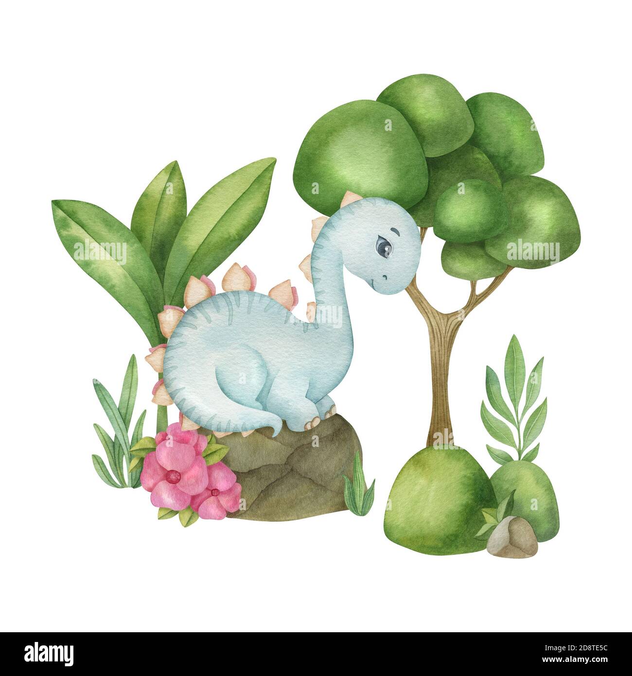 Un petit dinosaure mignon sur fond de nature. Dessin animé isolé aquarelle pour enfants. Idéal pour l'invitation, l'affiche, la décoration d'intérieur. Banque D'Images