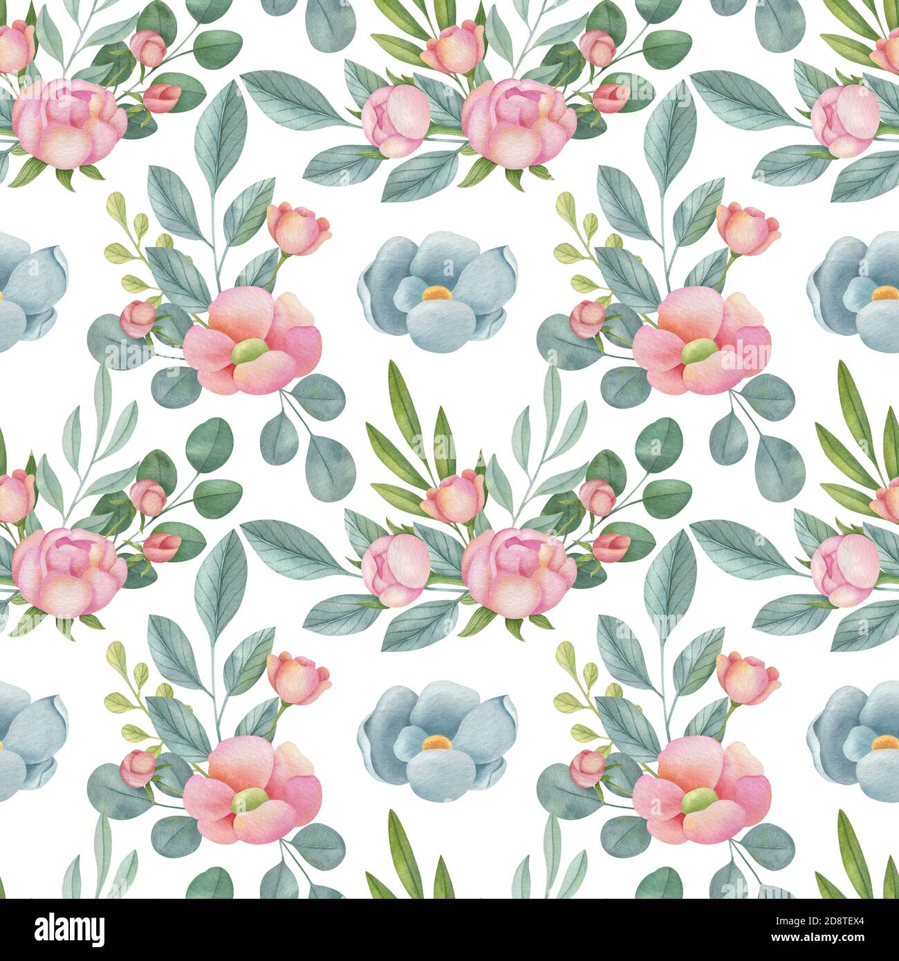 Motif fleuri aquarelle sans couture sur fond clair. Illustration peinte à la main avec des fleurs, des feuilles et des bourgeons élégants. Banque D'Images