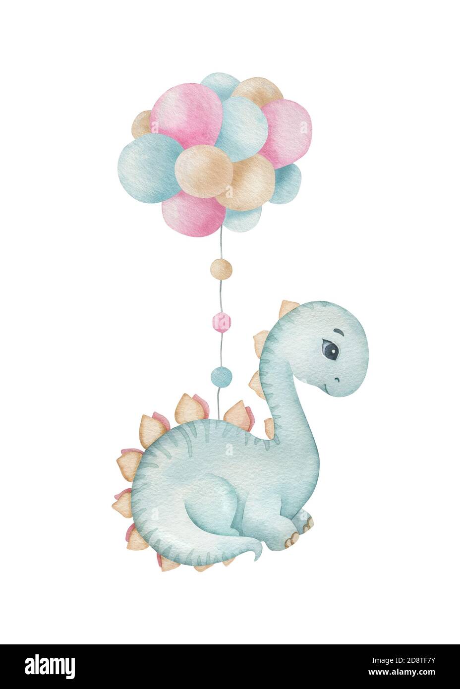 Un petit dinosaure mignon avec des ballons sur fond clair. Dessin animé aquarelle pour enfants. Idéal pour l'invitation, l'affiche, la décoration d'intérieur, l'emballage. Banque D'Images