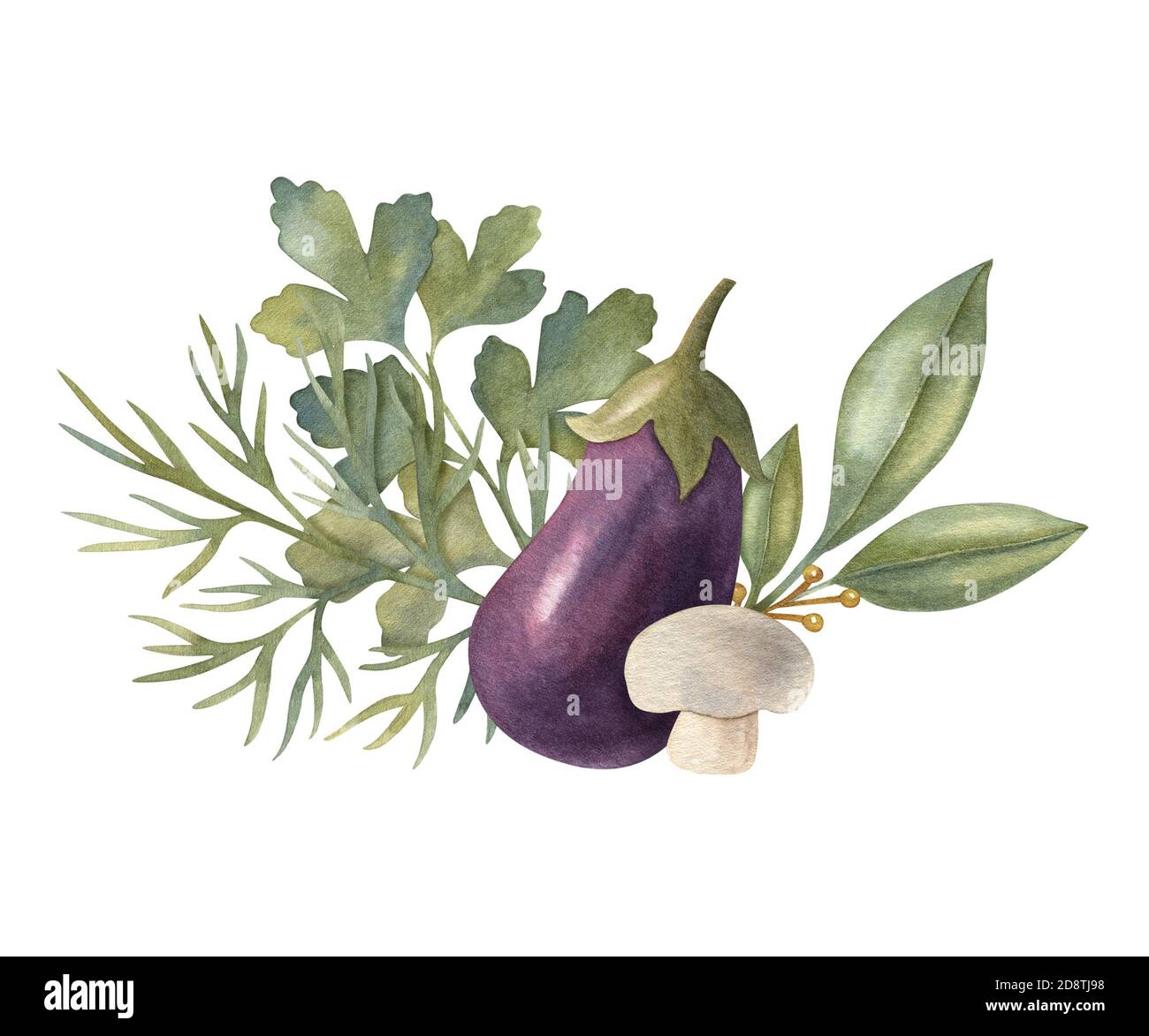 Composition végétale aquarelle avec herbes, aubergines et champignons. Une illustration lumineuse d'aliments frais sains. Idéal pour les cartes de vœux et les invitations. Banque D'Images