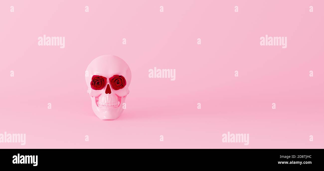 Crâne rose avec fleurs roses au lieu des yeux. Concept d'amour romantique minimal sur fond rose 3d rendu illustration 3d Banque D'Images