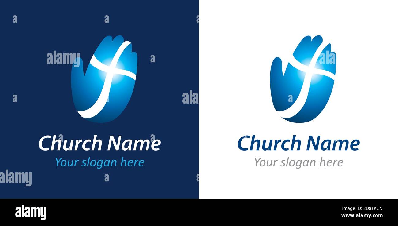 Paume de la main et bleu croisé logotype concept. Idée de logo. Icône religieuse créative. Découpez l'affiche brillante de la marque. Modèle de conception graphique Web abstrait isolé Illustration de Vecteur